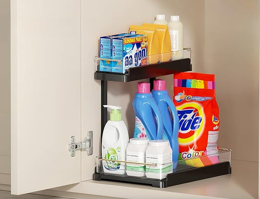 heart & home 1-Pack Under Sink Storage Organizer for Kitchen & Bathroom Cabinets with Removable Washable Tray, Tool-Free Assembly – Multi-Purpose for Kitchen Countertop, Vanity, & Laundry Room，Black-NeatNest
