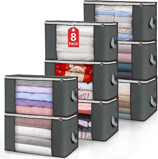 Large Storage Bags, 8 Pack Clothes Storage Bins Foldable Closet Organizers Storage Containers with Durable Handles Thick Fabric for Blanket Comforter Clothing Bedding 90 L (Gray)-NeatNest