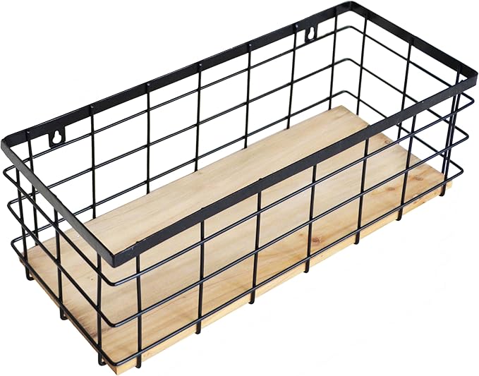 Metal Wire Basket Detachable Wood Base Storage Organizer Farmhouse Bin for Kitchen Cabinets, Bathroom, Pantry, Laundry Room, Closets，1 Pack in Black Color,Size Big