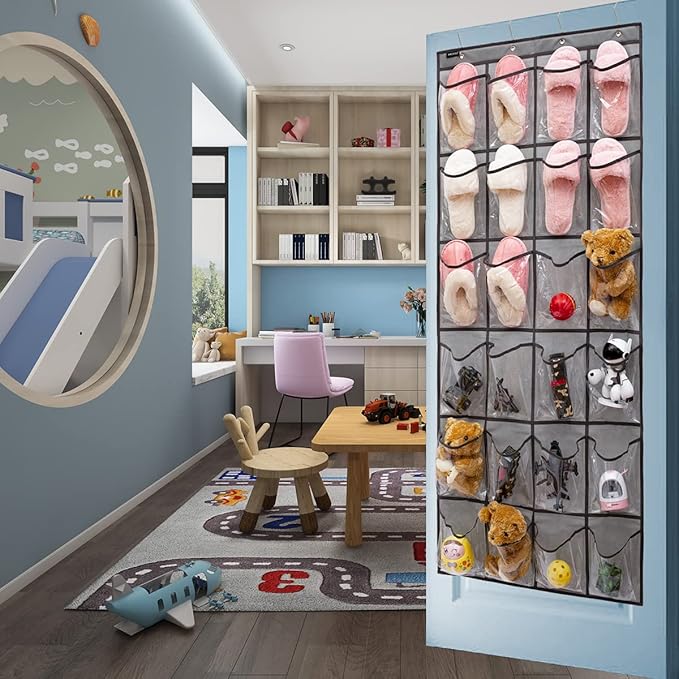 Over the Door Shoe Rack Organizer with 24 Clear PVC Pockets Hanging Pocket Organizer for Bedroom Bathroom Kitchen Stroage (24 Pockets-Grey)-NeatNest
