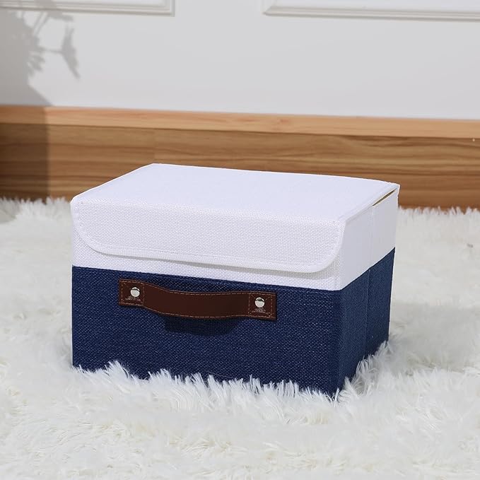ANMINY Storage Boxes with Lids Washable Decorative Storage Bins Basket with PU Leather Handle Foldable Linen Fabric Storage Cubes Containers for Home Closet Organizer - Deep Blue White, Small Size-NeatNest