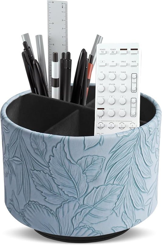 Hennaja Round Leather Art Supply Organizer,Remote Control Holder,360 Degree Spinning,Multi-Functional Pencil Holder,4 Compartments Desktop Stationary Organizer(1-Carved Light Blue)-NeatNest