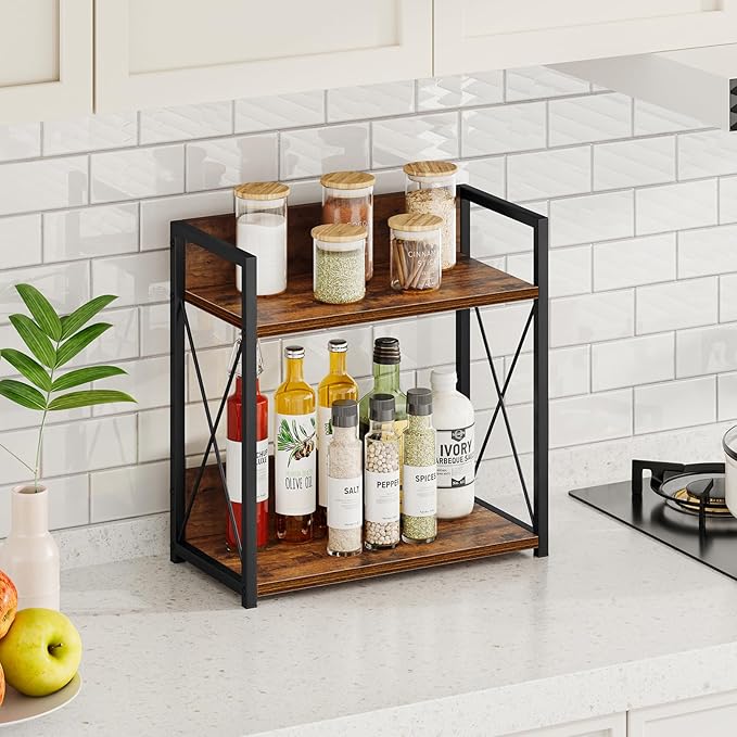 Giikin Kitchen Counter Shelf, Kitchen Countertop Organizer, 2 Tier Spice Rack for Counter, Wood Coffee Bar Organizer for Coffee Station (Brown, L)-NeatNest