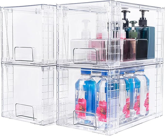 4 Pack Large Stackable Storage Drawers,Clear Acrylic Drawer Organizers with Handles, Easily Assemble for Kitchen Undersink,Bathroom,Cabinet,Makeup,Closet,Pantry,Organization and Storage-NeatNest
