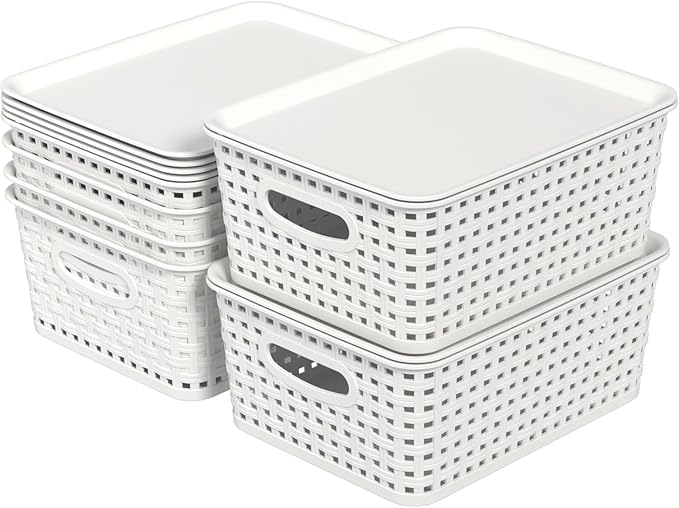6 Pack Plastic Storage Baskets with Lids, Stackable Decorative Box Bin, Small Weave Storage Containers, White