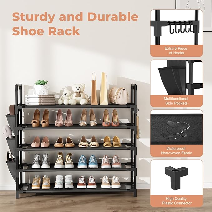 5 Tier Shoe Rack, Shoe Organizer Storage for 20-25 Pair Boot and Sneaker, Stackable Free Standing Shoe Shelf with Hooks and Side Pocket, Space Saving Shoes Rack for Closet, Entryway-NeatNest