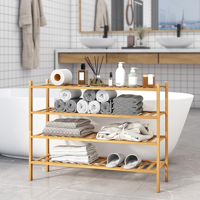 Long Shoe Rack, 4-Tier Bamboo Stackable Shoe Shelf Storage Organizer, Shoe Stand for Closet, Entryway and Hallway-NeatNest