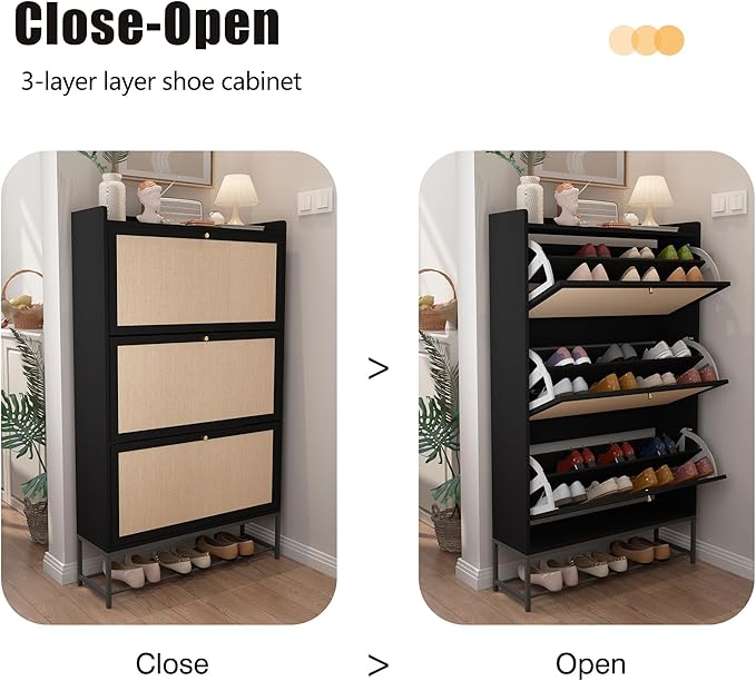 AVZEAR Shoe Cabinet, Shoe Cabinet Freestanding Tipping Bucket Shoe Rack Organizer with 3 Flip Drawers, Modern Entryway Narrow Shoe Rack for Entryway, Hallway, Bedroom (Black)-NeatNest
