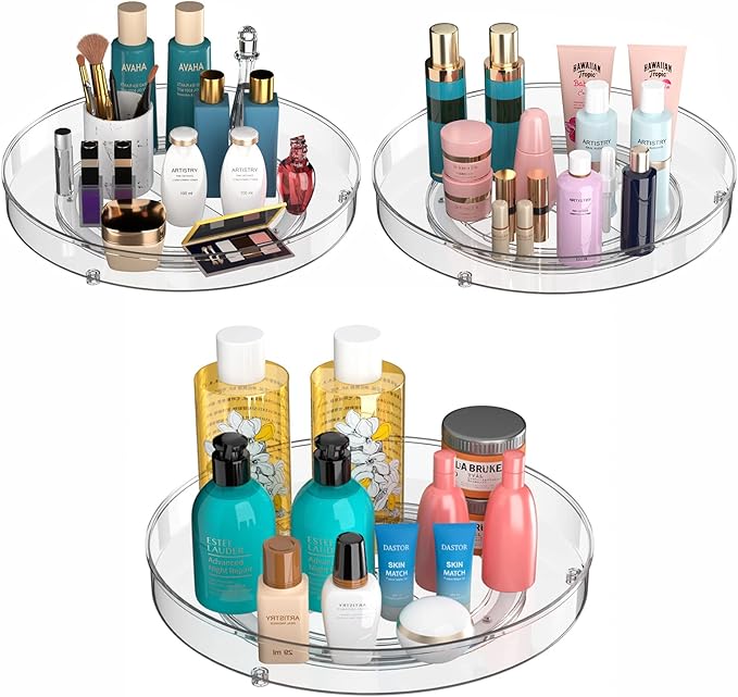 Benzoyl Lazy Susan Spice Rack, 3 Pack 10.6'' Round Plastic Clear Rotating Turntable Organization, Spinning Organizer Spices Condiments Container Bins for Cabinet, Pantry, Fridge, Countertop, Kitchen