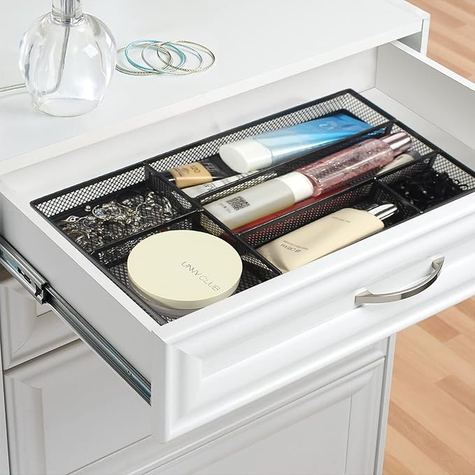 Desk Drawer Organizer Tray, Small Metal Mesh Desk Organizer Tray with 6 Compartments, Office Pencil Drawer Organizer Accessories for Stationery, Desktop, Bathroom, Kitchen, Makeup, Vanity, School-NeatNest