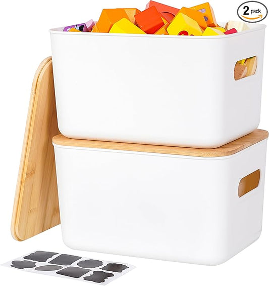 Citylife 2 Packs Plastic Storage Bins with Bamboo lids Stackable Storage Containers for Organizing, Bundled with Labels and Marker 10.24 x 7.01 x 6.1 inch-NeatNest
