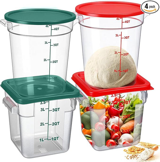 4 Pcs Food Storage Container with Lids Set 4 Qt Square and Round Clear PC Commercial Containers with Scale Handle for Home Restaurant Kitchen Food Storage, Dough Rise, Flour(Green and Red)