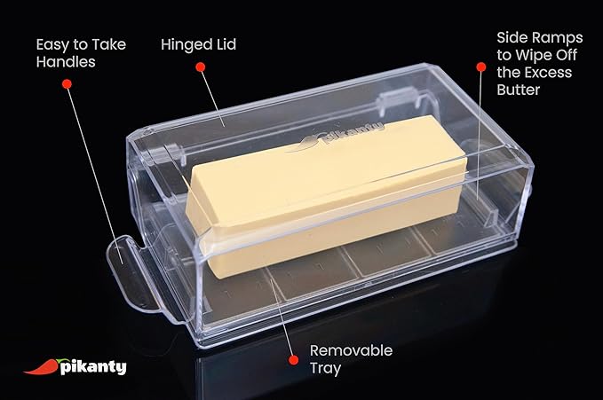 Airtight Butter Dish with Hinged Lid - Large Plastic Butter Container for Countertop or Fridge, Fits East & West Coast Sticks, Dishwasher Safe, Made in USA