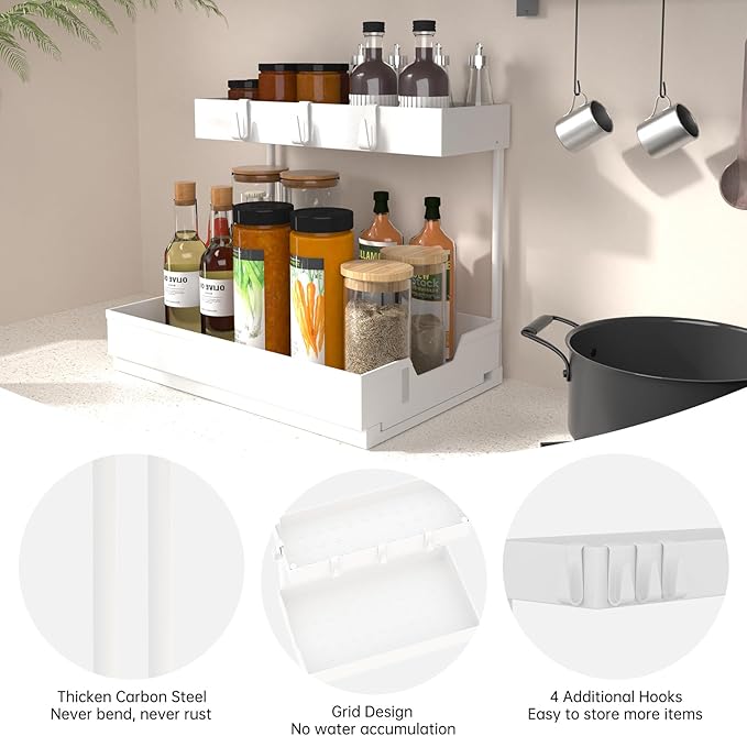2-Tier Under Sink Organizers and Storage 2 Pack Sliding L-shape Under Cabinet Organizers For Narrow Space Multi-purpose Sink Organizer for Bathroom Kitchen Drawer(White 2 Pack)-NeatNest
