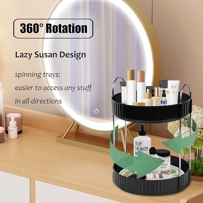 Rotating Makeup Organizer Countertop 2 Tier Lazy Susan Trays Spinning Skincare Perfume Storage for Bathroom Counter Vanity, Black-NeatNest