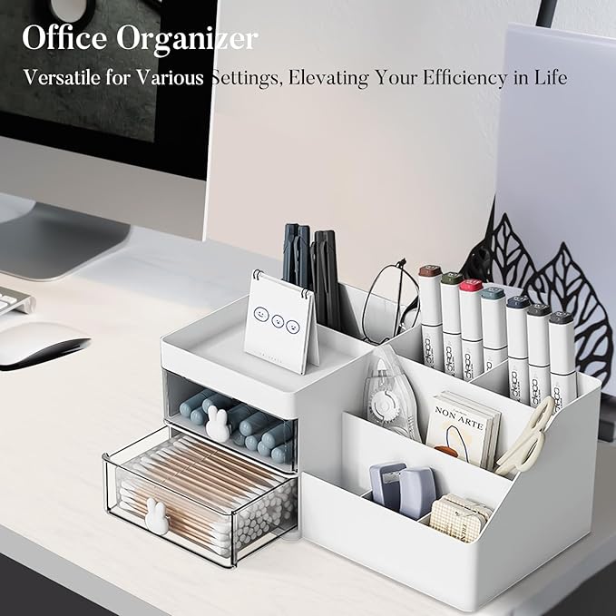 Makeup Organizer, Cosmetic Desk Storage Box with Drawers Skincare Organizers for Dressing Table, Countertop, Bathroom Counter, Vanity Holder for Brushes, Lotions, Lipstick, Perfume (White-Clear)-NeatNest