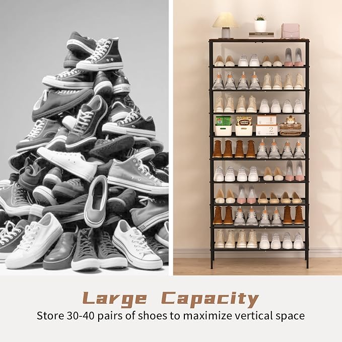 10-Tier Shoe Rack 40 Pairs, Space Saving Organizer for Entryway/Closet/Apartment, Industrial Metal Shelf with Rustic Brown Top-NeatNest