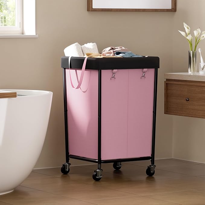 Chrislley 160L Laundry Hamper with Wheels, 2 Section Large Laundry Basket with Removable Bag, Steel Frame Dirty Clothes Hamper, Rolling Laundry Cart for Bedroom, Bathroom, Dorm, Hotel, Pink