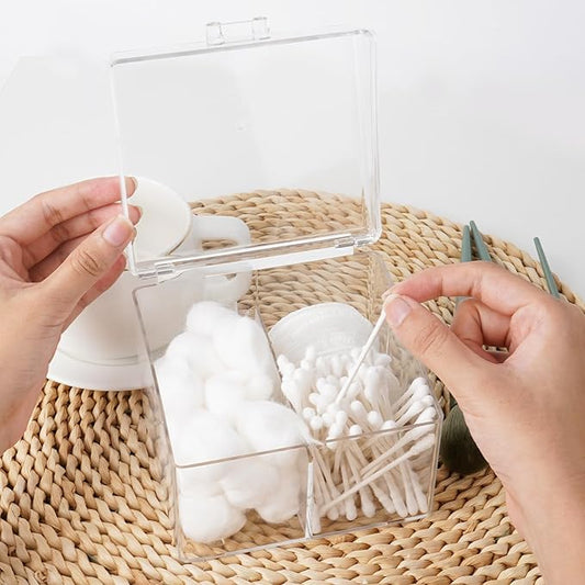 Cotton Swab Holder Dispenser with Lid, Square Plastic Box with 2 Compartments for Cotton Ball, Cotton Pads, Floss, Clear Container for Vanity Bathroom Organizer Storage-NeatNest
