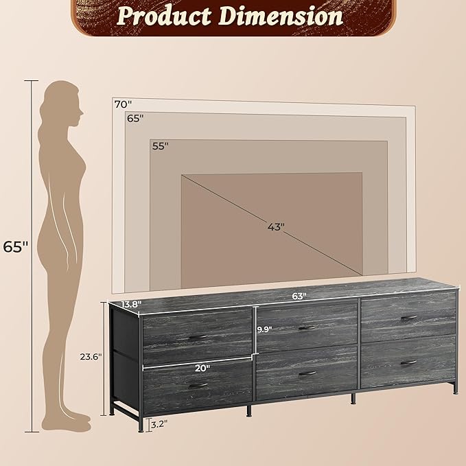 Huuger 63 Inch Long Dresser for Bedroom, TV Stand for 55, 65, 70 Inch TV, 6 Drawer Dresser for Closet with Fabric Drawers, Storage Organizer for Bedroom, Entryway, Charcoal Black Wood Grain Print-NeatNest