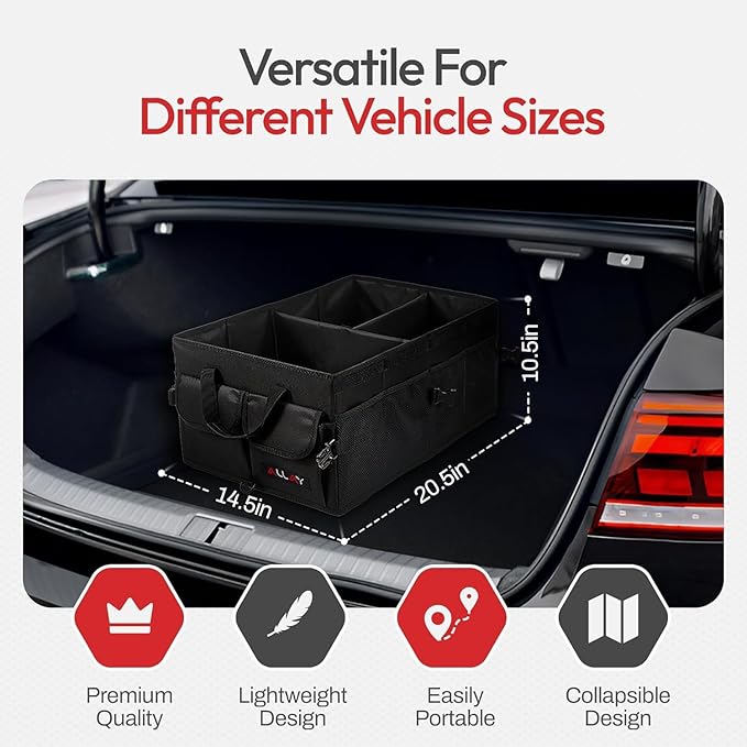 ALLAY Trunk Organizer for Car with Lid – Foldable SUV Trunk Organizer – Multi-Compartment Car Box and Storage – 800D Oxford Truck Bed Shelf with Securing Straps, Non-Slip Bottom 65L