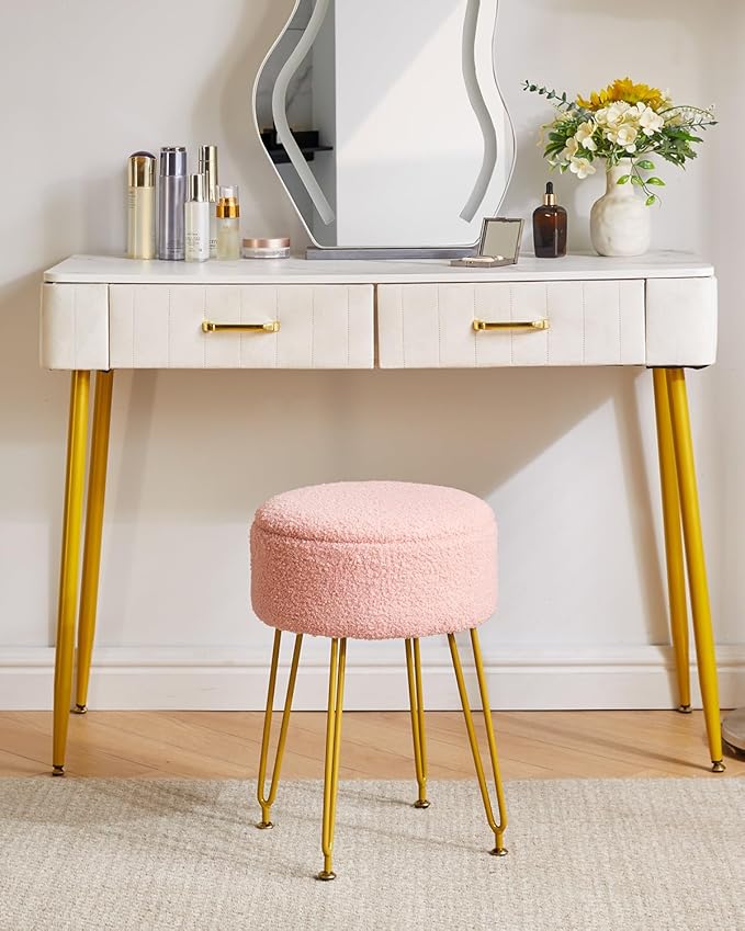 IBUYKE Teddy Velvet Storage Footrest Stool Ottoman, Makeup Vanity Stool Side Table with Removable Cover, Golden Steel Legs, Coffee Table Top Cover, Pink WBD010P