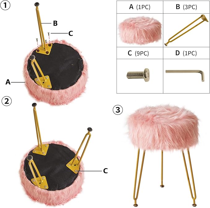 IBUYKE Faux Fur Vanity Stool Chair, Furry Makeup Stool Ottoman, Soft Padded Seat, Round Footrest Footstools with 4 Metal Legs, for Living Room Bedroom Entryway, Pink LG-32P