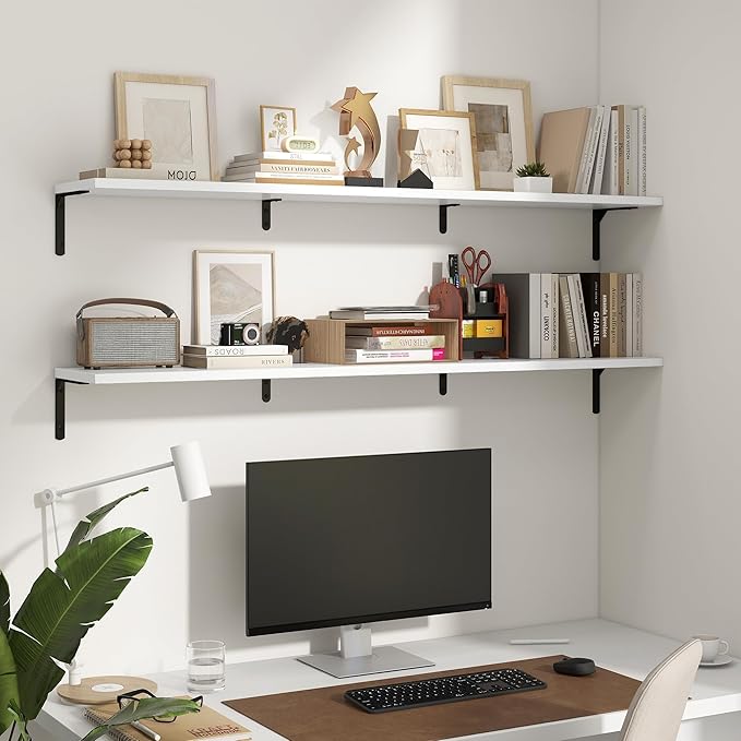 Fun Memories Deep Floating Shelves, 55W x 8D Floating Shelves Set of 2, Wall Mounted Shelf with Metal Brackets, Rustic Wood Wall Shelf for Bathroom, Kitchen and Living Room, White-NeatNest