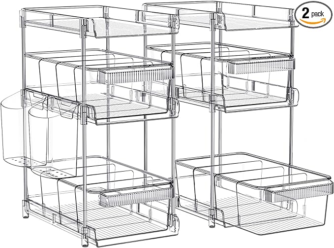 Clear Bathroom Organizers 2 Sets 3 Tier, Pull Out Organizer and Storage with 2 Cups, Slide Out Drawer Storage Container with 6 Dividers, Multi-Purpose Bathroom Organizer, Kitchen Under Sink Organizer-NeatNest