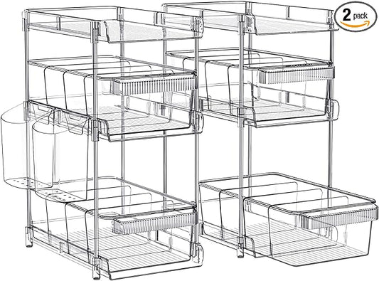 Clear Bathroom Organizers 2 Sets 3 Tier, Pull Out Organizer and Storage with 2 Cups, Slide Out Drawer Storage Container with 6 Dividers, Multi-Purpose Bathroom Organizer, Kitchen Under Sink Organizer-NeatNest