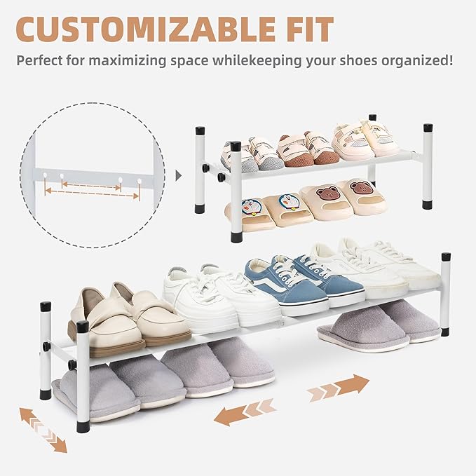 STORAGE MANIAC Expandable Shoe Rack, 4 Pairs Stackable Small Shoe Rack, Metal Adjustable Shoes Organizer for Closet, Entryway, Hallway, Garage, Front Door, Shoes Shelves, White 1 Tier-NeatNest