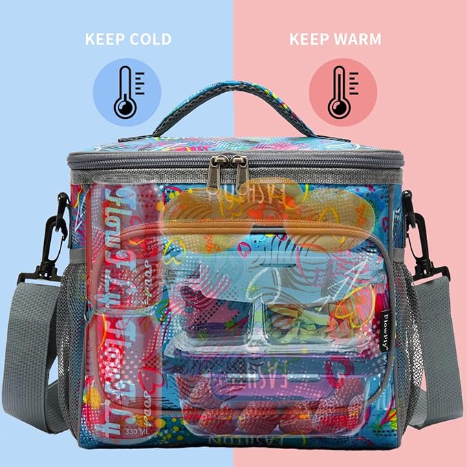 FlowFly Insulated Reusable Lunch Bag Adult Large Lunch Box for Women and Men with Adjustable Shoulder Strap,Front Zipper Pocket and Dual Large Mesh Side Pockets,Heart-NeatNest