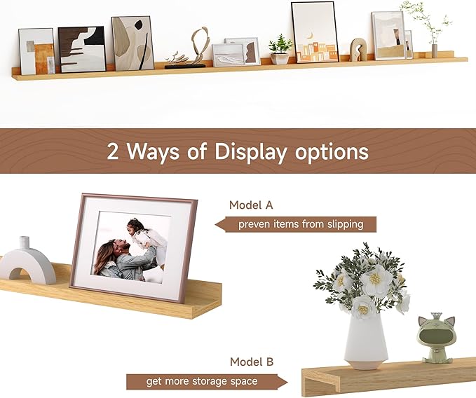Floating Picture Ledge Shelves for Wall Set of 2, 84 Inches Picture Ledge Shelf with Long Large Nursery Book Shelf for Toys Storage Kids Bookshelf Wall Mounted Living Room Bedroom Decor Frames, Oak-NeatNest