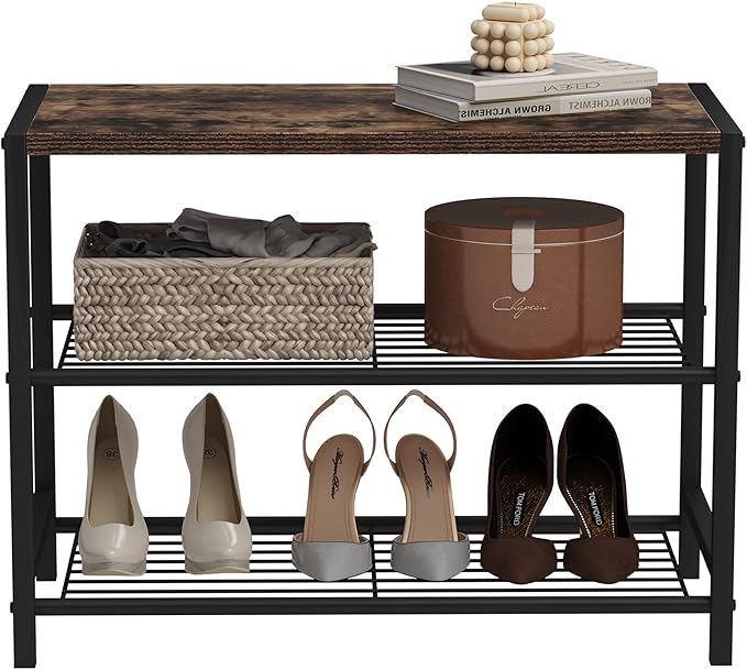 HOMEFORT 3-Tier Shoe Rack, Shoe Storage Shelf, Industrial Shoe Tower, Narrow Shoe Organizer for Closet Entryway, Small Shoe Rack Table with Durable Metal Shelves, Rustic Brown-NeatNest