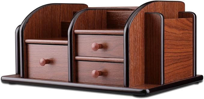 Flexzion Wooden Desk Organizer w/Drawers - Classic Wood Office Supplies Accessories Desktop Tabletop Sorter Shelf Rack Cherry Brown Pencil Holder Caddy Set with 3 Drawers, 3 Compartments & 2 Shelves-NeatNest