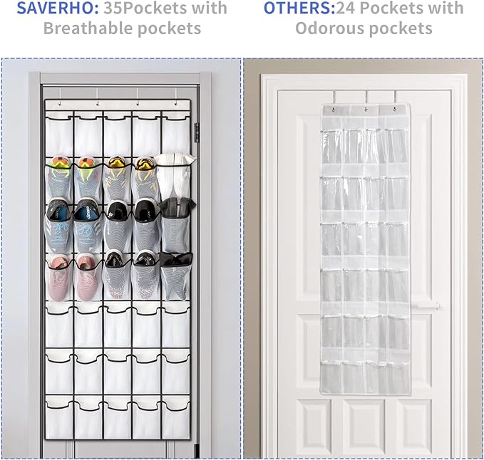 35 Pockets Over the Door Shoe Organizer, Hanging Shoe Organizer for Door with 35 Mesh Pockets Large Capacity Shoe Hanging Storage Bag with 4 Metal Hooks (White-1Pack)-NeatNest