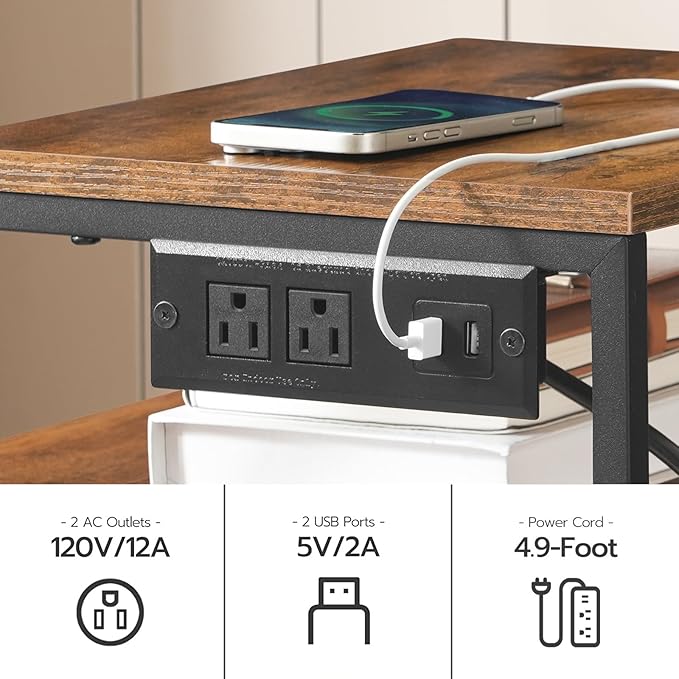 HOOBRO 2-Drawer Mobile File Cabinet, Filing Cabinet with Charging Station, Printer Stand with Open Storage Shelf, for A4/Letter Size, Home Office, Nonwovens Drawer, Rustic Brown and Black BF10UWJ01
