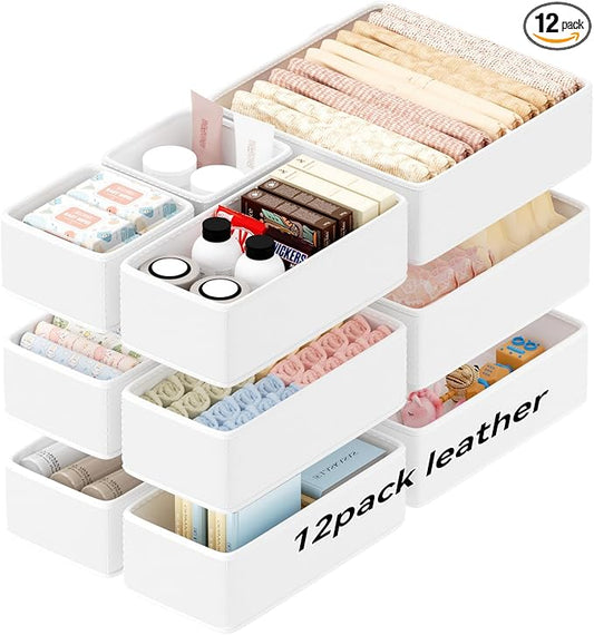 Vegan Leather Drawer Organizers,12 Pack Makeup Storage boxes,Vanity Drawer Luxury upgrade,Bedroom fabric Drawers replacement,bathroom organization and storage Optimal solution