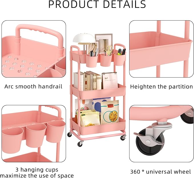 JIUYOTREE 3-Tier Plastic Rolling Storage Cart Utility Cart with Extra Hanging Cups Handles Lockable Wheels for Living Room Bathroom Kitchen Office Pink-NeatNest