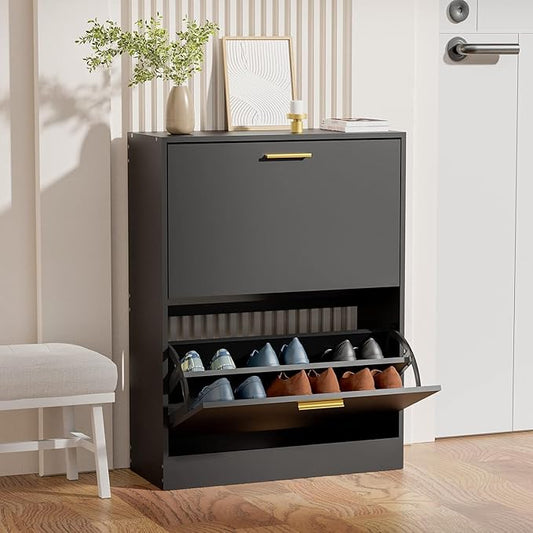 JOZZBY Shoe Cabinet Storage for Entryway, Slim Black Hidden Shoe Organizer Cabinet with 2 Flip Drawers, Wooden Narrow Shoe Rack with 2 Tier Freestanding for Hallway, Living Room-NeatNest