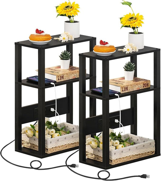 3-Tier Small Narrow Wood Side Table Set of 2 with Charging Station - Skinny Nightstand for Small Spaces, Slim Bedside Table with USB Ports and Outlets - Thin End Table with Storage, Black