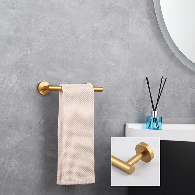 GERZWY 9-Inch Bathroom Towel Bar Gold Stainless Steel Bath Hand Towel Holder Modern Round Style Wall Mount AG1101C23-BE