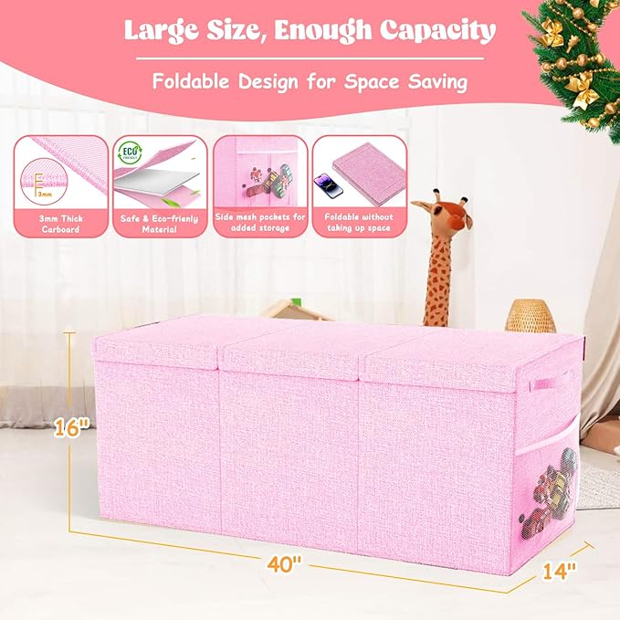 Extra Large Toy Box Toddlers Chest with Lids, Collapsible Sturdy Toy Storage Organizer, Kids Bin Boxes Storage Basket for Boys, Girls, Nursery, Living Room, Playroom, 40"x14"x16" (Pink)