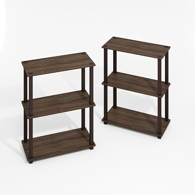 Furinno Turn-S-Tube 3-Tier Compact Multipurpose Shelf Display Rack with Square Tube, Black Walnut/Brown, Set of 2-NeatNest