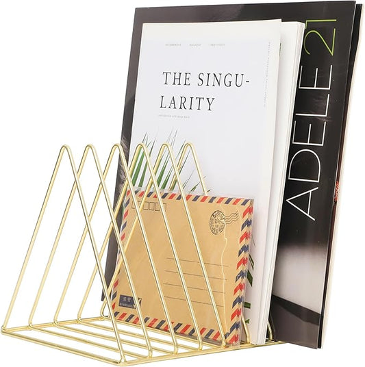 COSYAWN 7 Slot Vinyl Record Holder Storage, Anti-Rust Metal Magazine Album Display Rack Desktop File Organizer, Triangle Paper Letter Newspaper Sorter Stand for Home Office, Gold