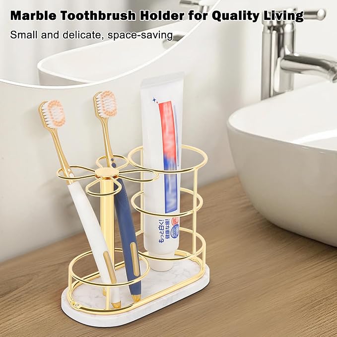 HarJue Toothbrush Holder Stand for Bathroom, Metal Toothbrush Organizer with Marble Base, Toothbrush Storage Collection for Family, Suitable for Home Hotel Countertop Vanity (Medium, Gold)