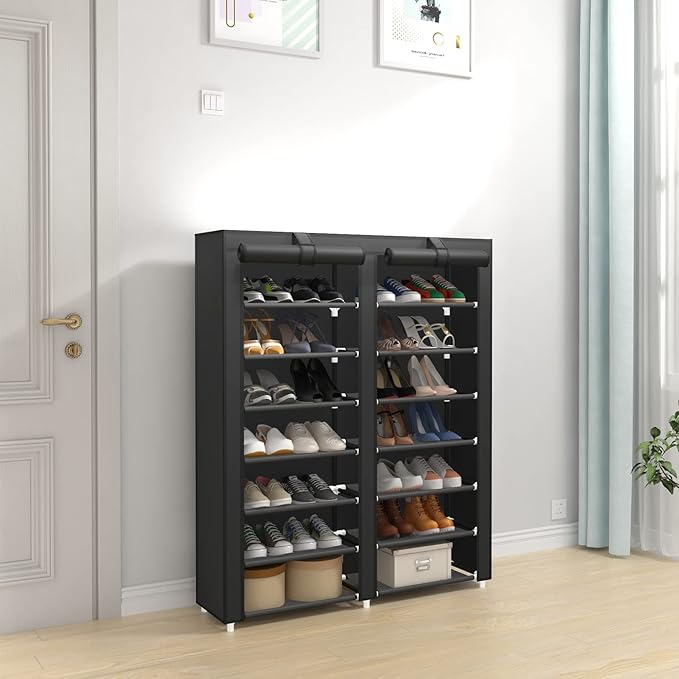 JIUYOTREE 7-Tier Shoe Storage Organizer with Dustproof Cover - Closet Cabinet Shelf Holds up to 28 Pairs - for Doorway, Corridor, Balcony, Living Room - Black-NeatNest