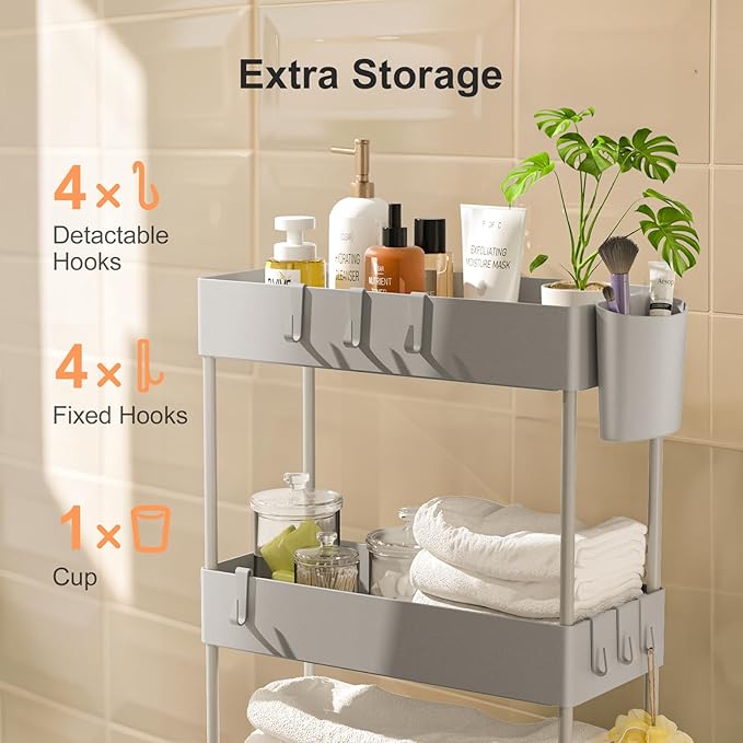 Pipishell Slim Storage Cart with Wheels, 4 Tier Bathroom Storage Organizer Rolling Utility Cart for Bathroom Kitchen Laundry Room Office Narrow Place (Gray)-NeatNest