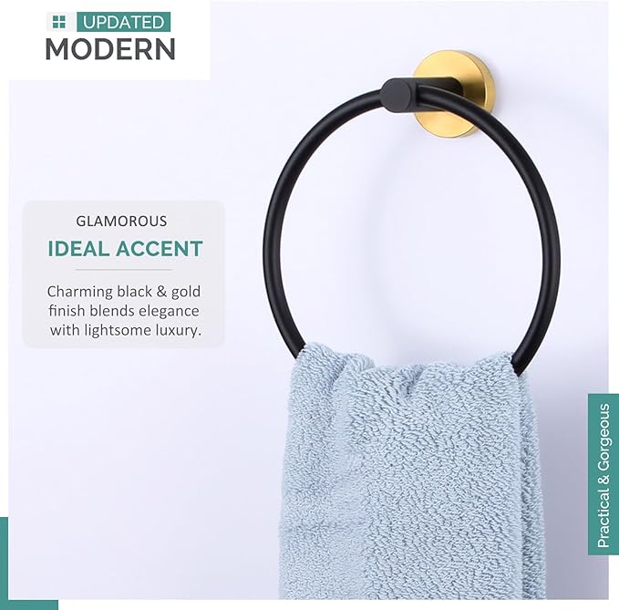 Angle Simple Towel Ring Swivel, Stainless Steel Hand Towel Holder Rack for Bathroom, Black and Gold