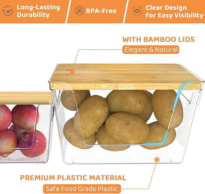 2 Set Pantry Organizer Storage, Stackable Kitchen Storage Bins with Lid & Handle, Clear Plastic Containers for Potato, Onion, Garlic, Fruit, Vegetable, Produce